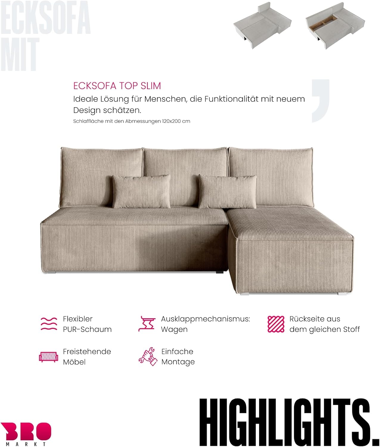 BROMARKT Ecksofa mit Schlaffunktion Sofa l Form Couch mit Bettkasten Wohnzimmer Möbel Cord Schlafsofa Wohnlandschaft Sofa 3 sitzer TOP 200x85x145 cm Beige