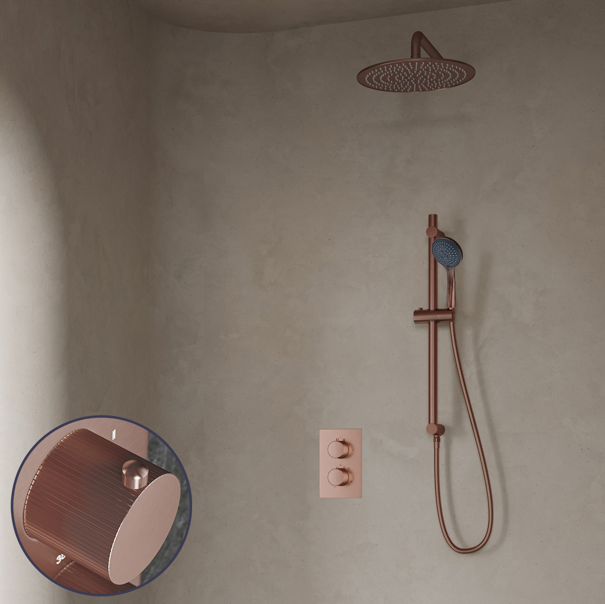 Saniclear Copper Stripes inbouw regendouche met 20cm hoofddouche, muurarm, 3 standen handdouche en glijstang geborsteld koper