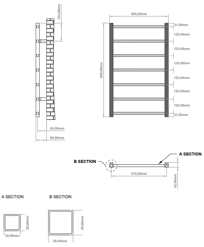 Eastbrook Tuscan Square handdoekradiator 50x80cm 305W zwart mat