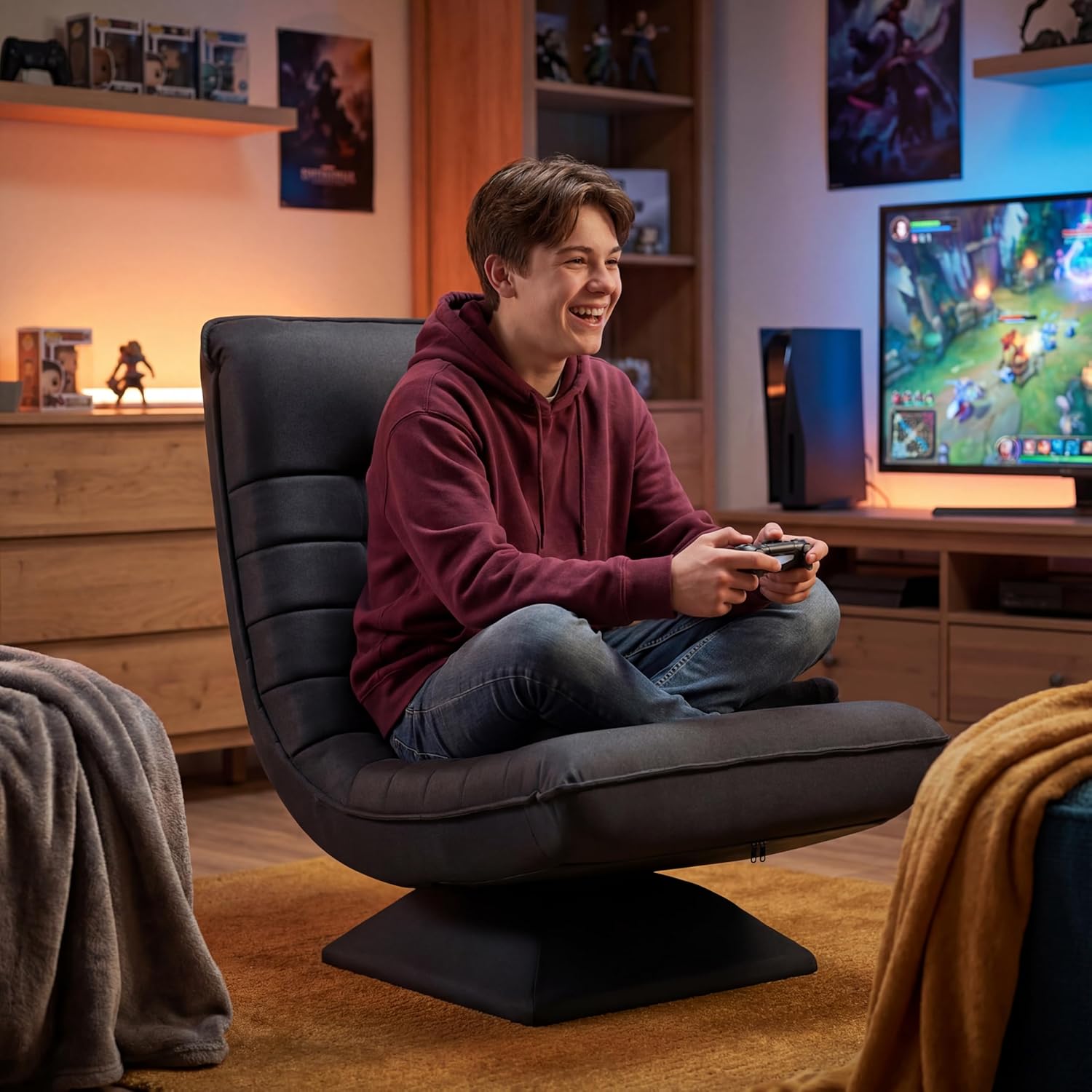 Sessel Wohnzimmer Verstellbare Rückenlehne, 360° Drehbar Leinen Bodenstuhl, Keine Montage Erforderlich Gaming Bodensofa Klappbar, 150kg Belastbarkeit Relaxsessel, Lesesessel, Schwarz