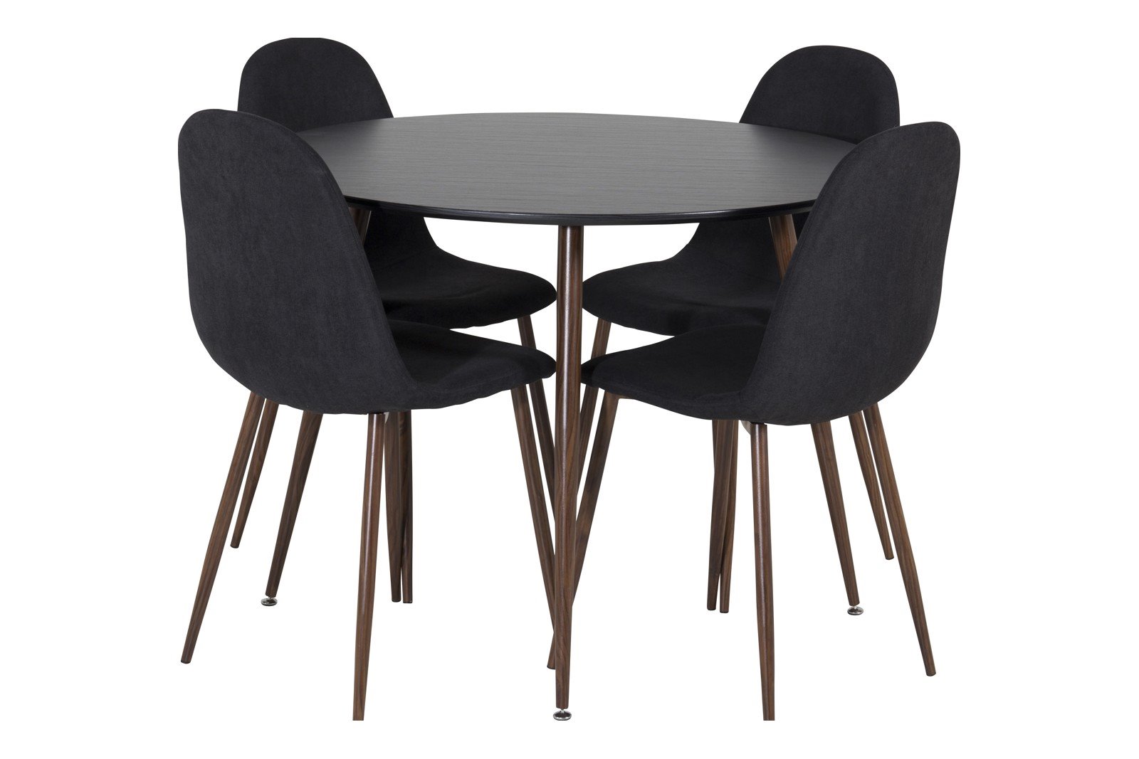 Plaza og Polar Spisegruppe Plaza rundt spisebord ø100cm i sort med 4 stk. Polar spiestoler i Sort og valnøtt ben.