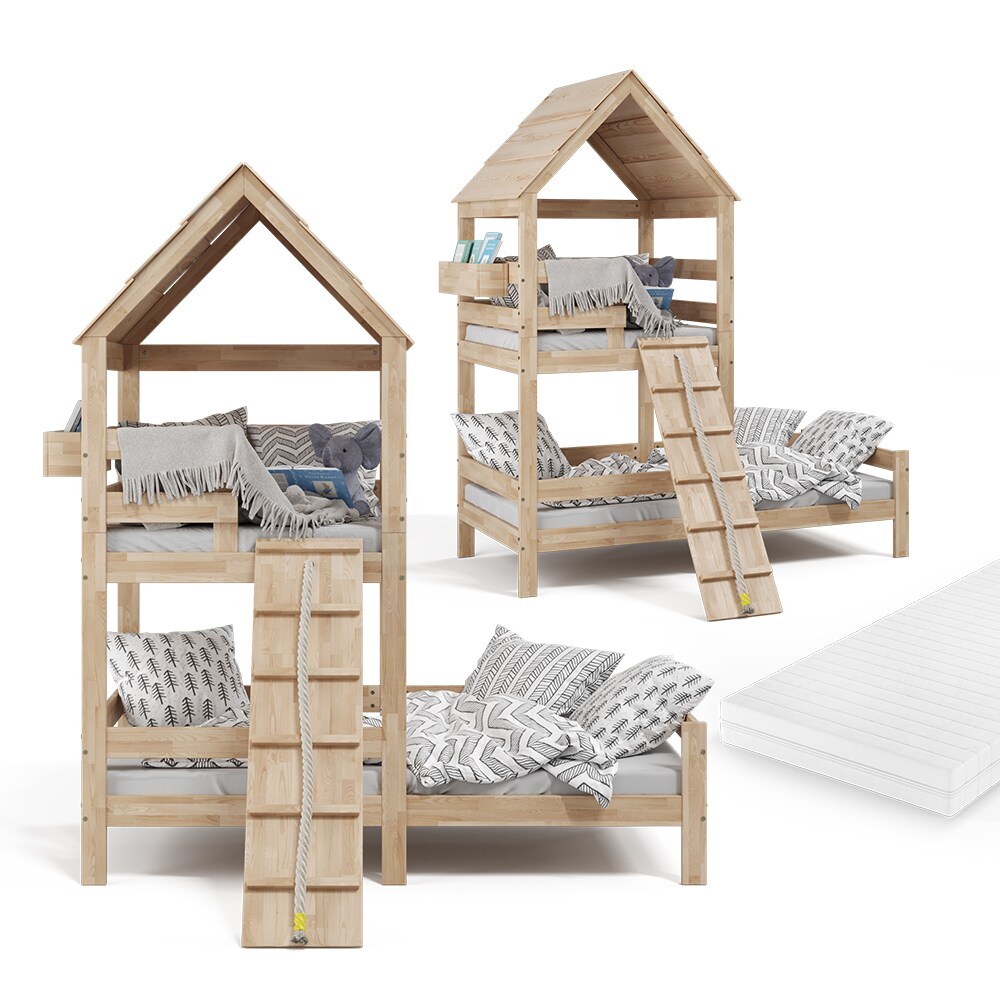 VitaliSpa Kinderbett Teddy 90x200cm mit Matratze Spielbett Jugendbett Spielturm Natur
