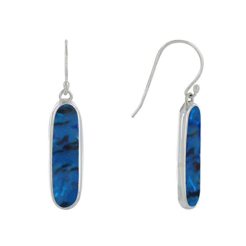 Boucles d'Oreilles Argent Rectangle Ovale de Nacre Abalone Bleu