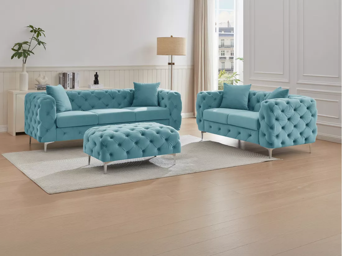 Canapé 3 places, 2 places et pouf chesterfield en velours bleu pastel EDWINA