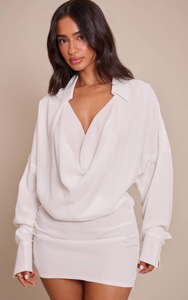 Blanc Robe Courte En Mousseline Col Drapé Et Col Chemisier Petite