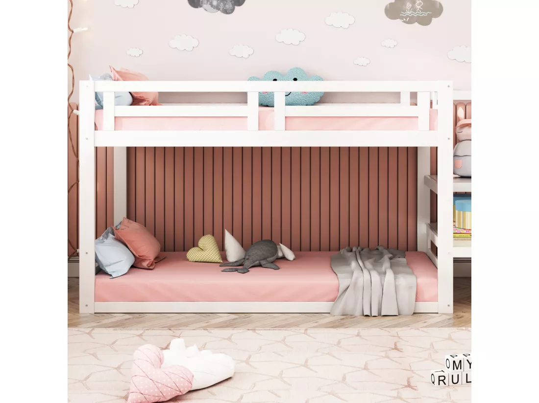 Lit superposé 90x200cm - lit d'enfant avec escalier de sécurité, cadre de lit en bois massif et sommier à lattes - blanc
