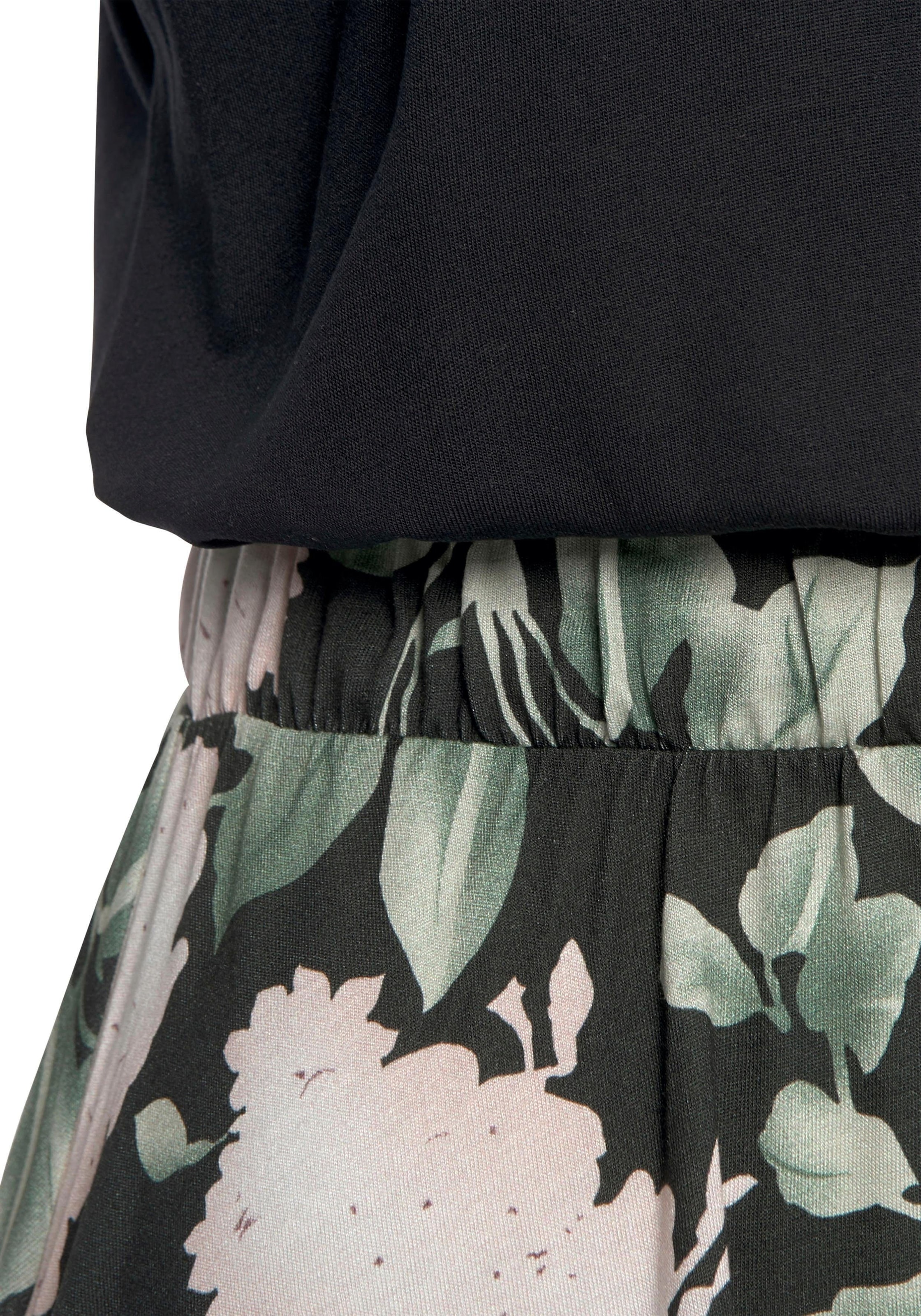 Buffalo Jerseykleid mit Paperbag-Bund und bedrucktem Rock, kurzes Sommerkleid, Strandkleid