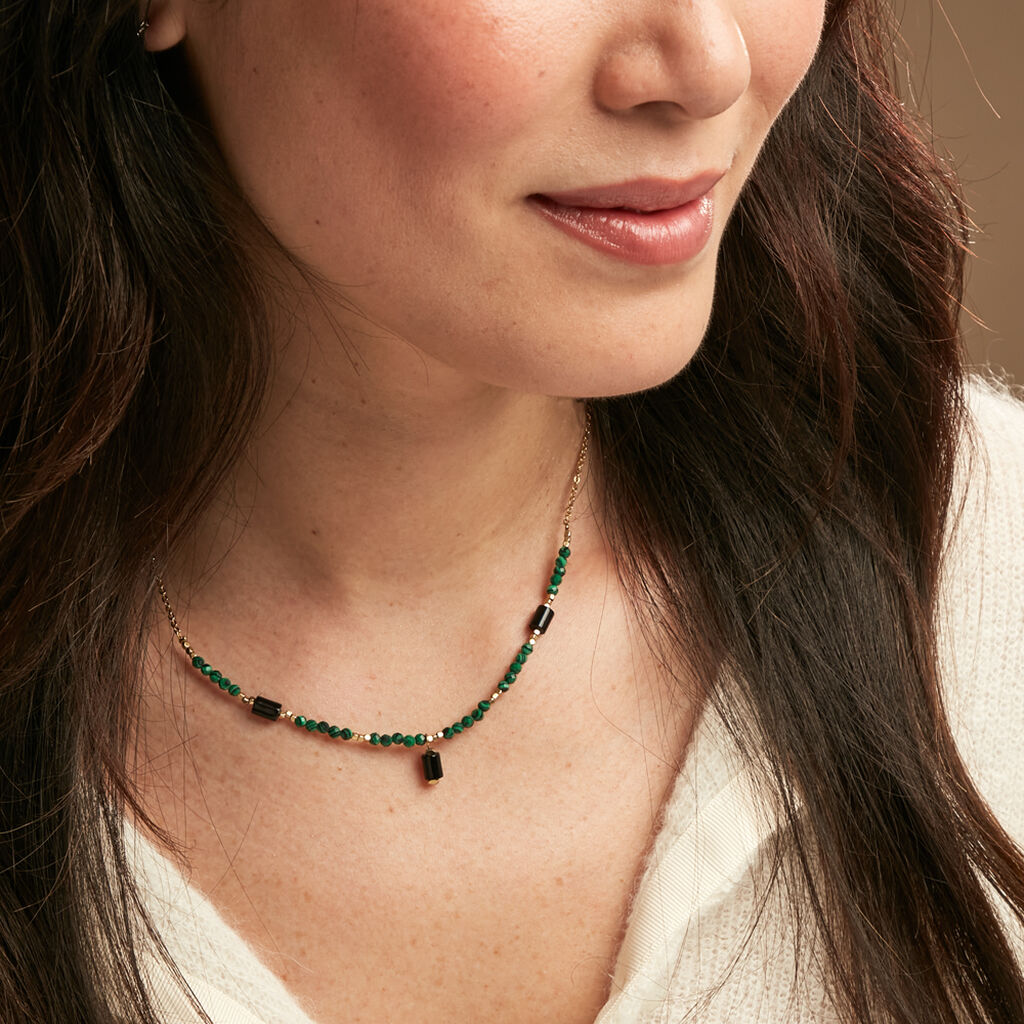 Collier Attila Acier Doré Quartz Jade