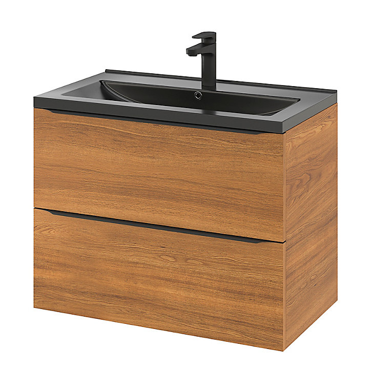 Ensemble salle de bains l.80 cm meuble à suspendre Imandra décor noyer + plan vasque céramique noir