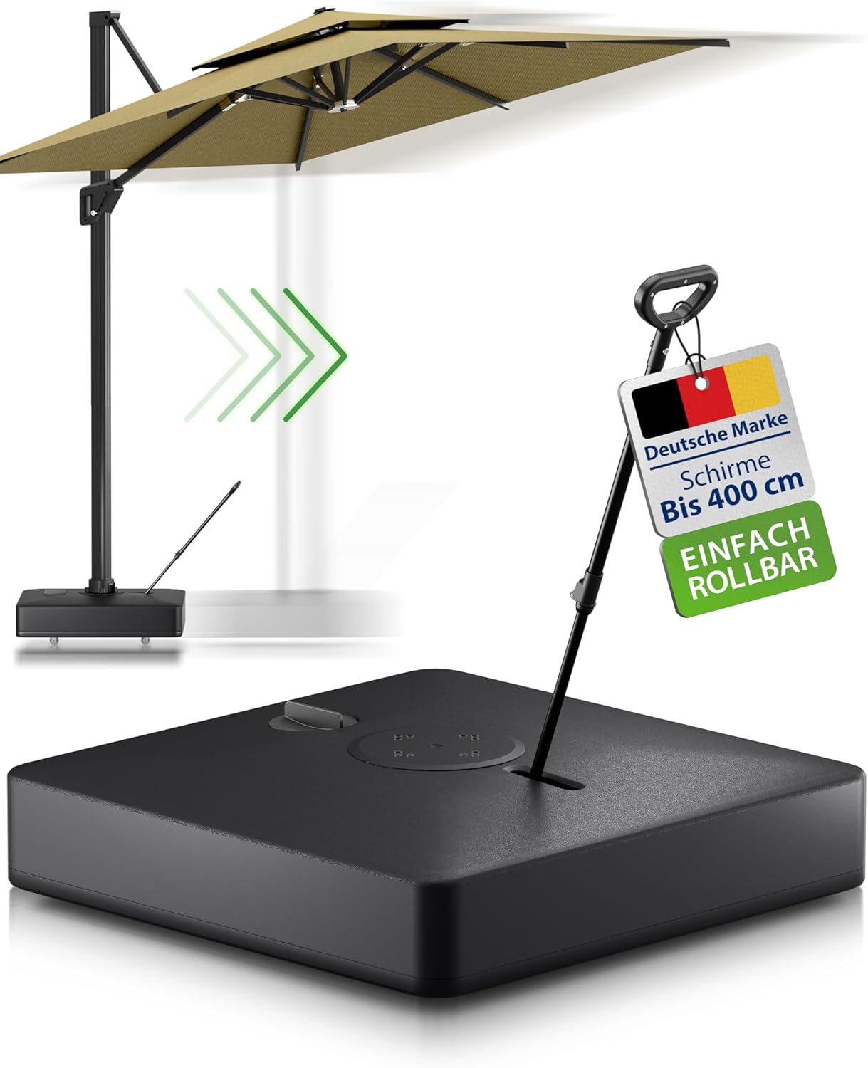 Gartenzeit® Sonnenschirmständer, befüllbar, rollbar, 162kg, Maße 84x84x21cm, Patent, schwarz, Sonnenschirmständer mit Rollen für große Ampelschirme u. Sonnenschirme, fahrbar, mobil