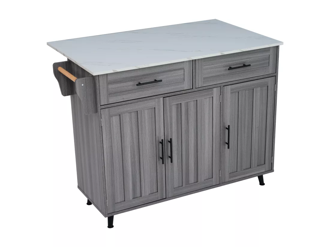 Ilot central de cuisine mobile - Plateau extensible - 2 tiroirs + portes d'armoire de rangement - Gris
