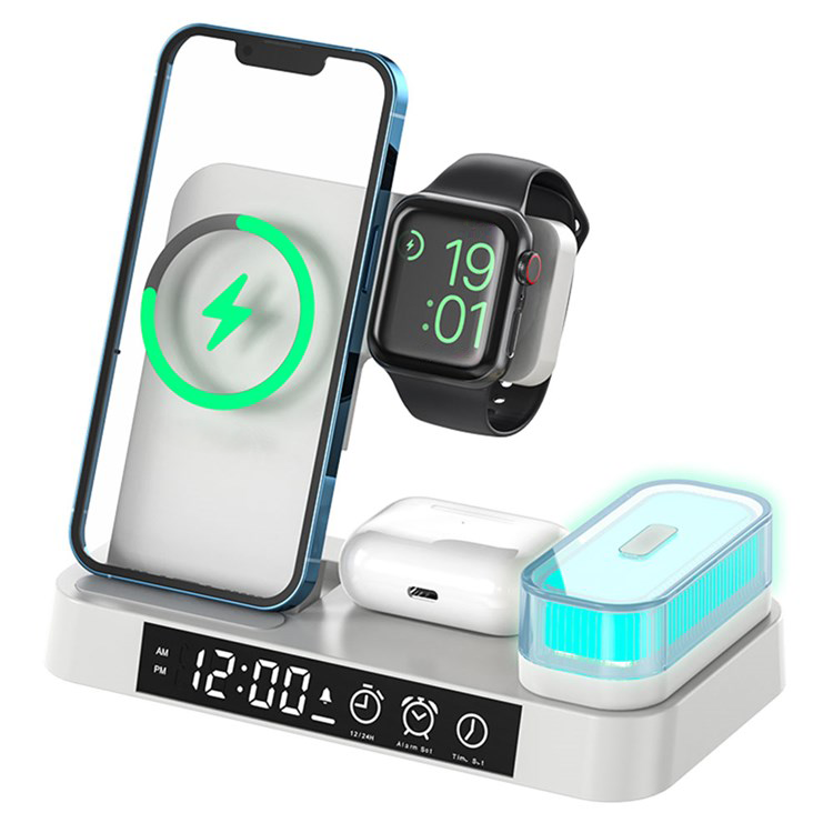 (15W) 5in1 Ladegerät Qi Wireless Charger für Smartphones / Apple Airpods / Apple Watch Ladestation mit Wecker   Nachtlicht - Weiss