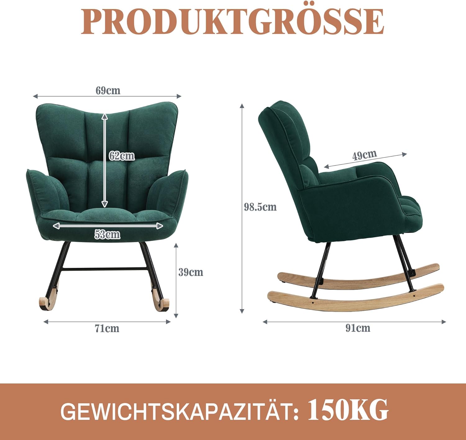 Home Nature Schaukelstuhl aus Holz, bis 150kg belastbar, Moderner Sessel mit Hoher Rückenlehne, Armlehnen & rutschfesten Füßen, für Wohnzimmer, Outdoor (Normales Grün)
