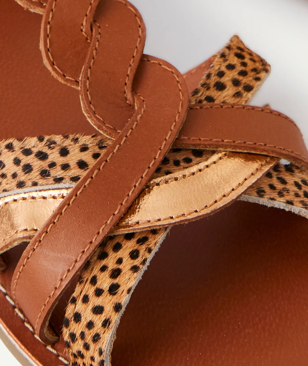SANDALES FILLE EN CUIR MARRON ET LEOPARD