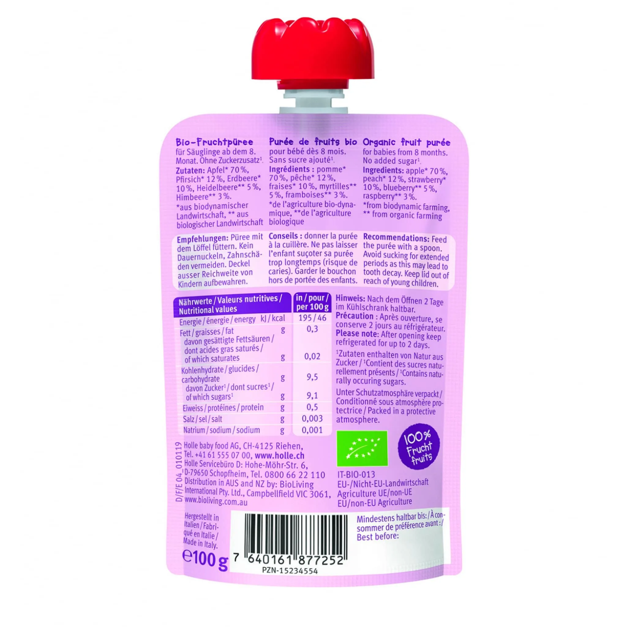 Holle Purée Bio - Berry Puppy - Pomme, Pêche et Fruits (À partir de 8 mois)