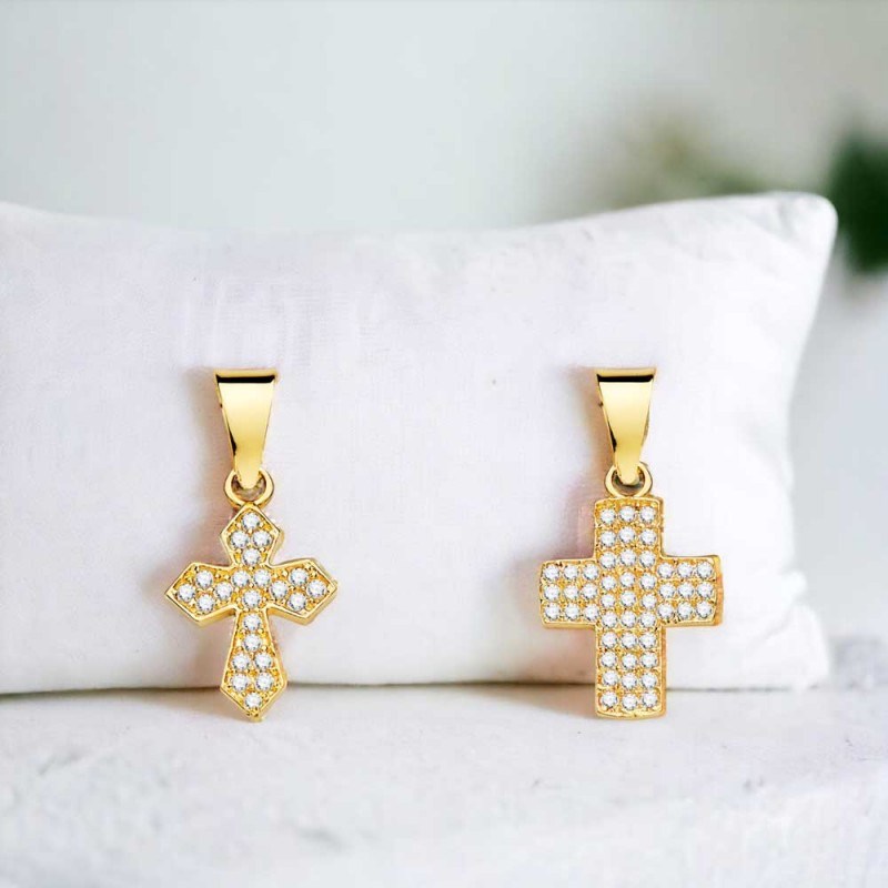 Collier - Médaille Croix Or 18 Carats 750/000 Jaune et Zirconiums - Chaine Dorée - 18PC22336OX