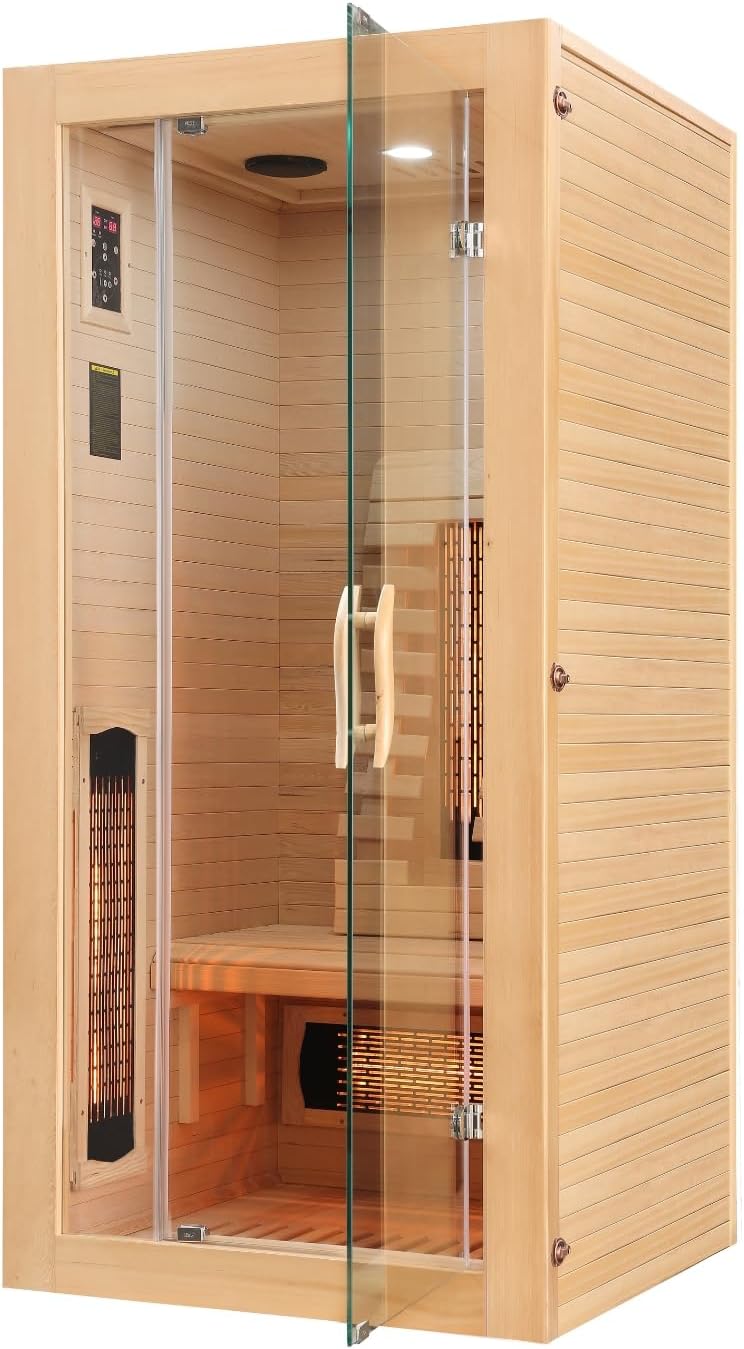 SANOTECHNIK Infrarotkabine MALMÖ 1 – 1 Person Infrarotsauna 90×90×190cm | 4 Vollspektrumstrahler + Carbon-Heizplatte, LED-Farblicht, Bluetooth-MP3, 8 mm ESG-Glas – Art.Nr.: SB10090