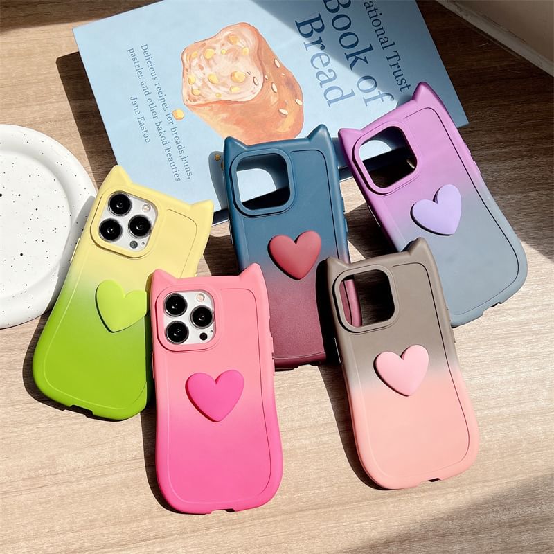 Tondephiry - Cat Ear Heart Applique Gradient Telefoonhoesje voor iPhone 16, 16 Plus, 16 Pro, 16 Pro Max, 15, 15 Pro, 15 Pro Max, 14, 14 Plus, 14 Pro, 14 Pro Max, 13, 13 Pro, 13 Pro Max