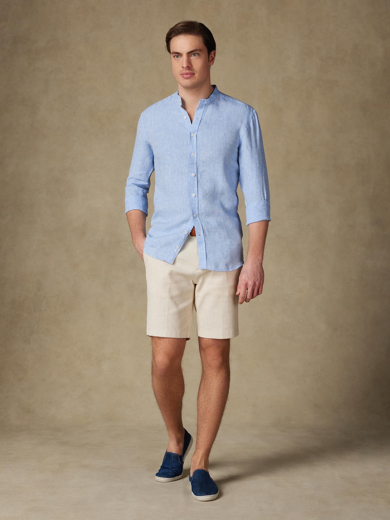 Chemise cintrée col mao Kurt en lin ciel