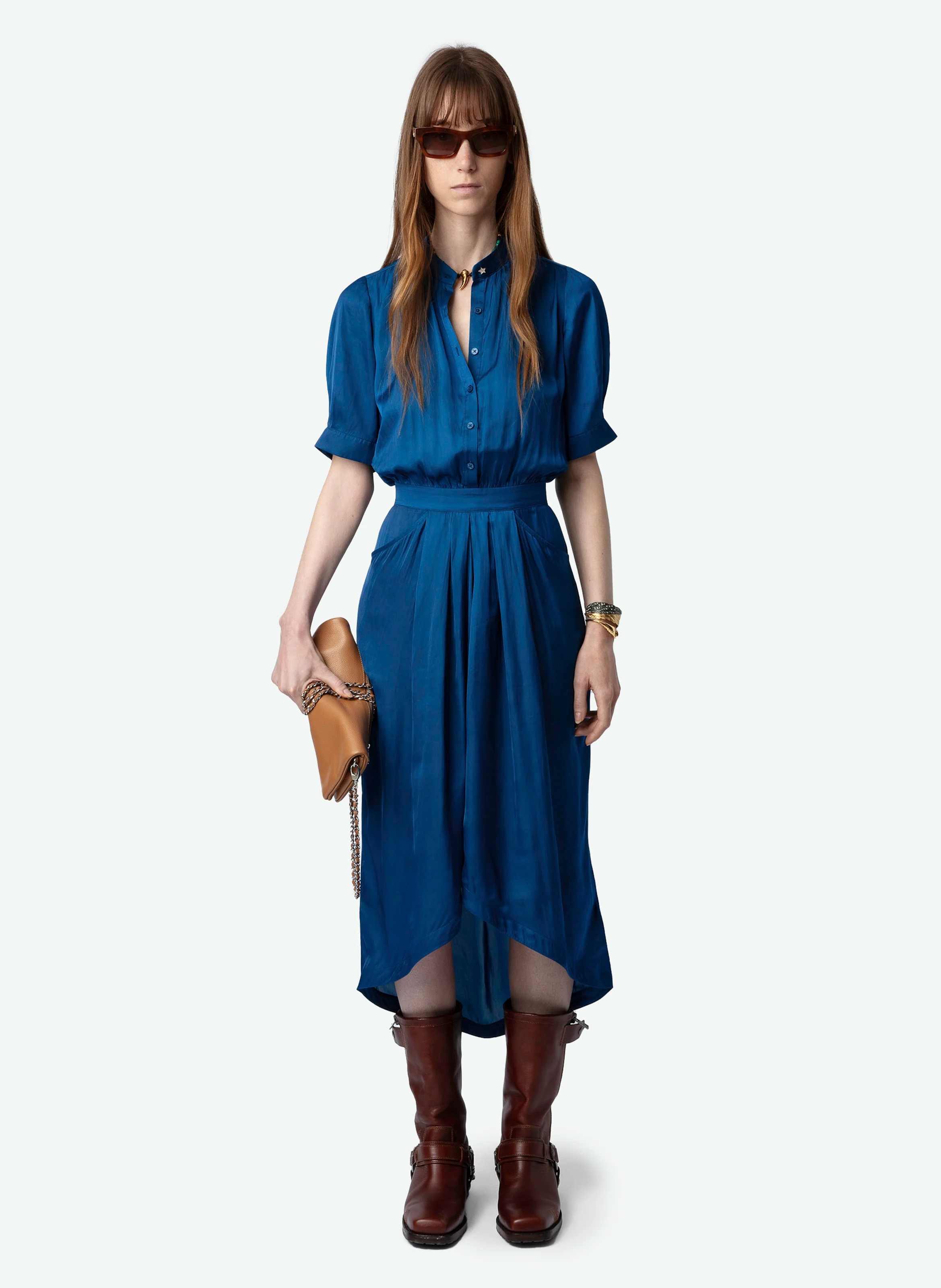 RIMA - Robe longue droite col en fibres recyclées mélangées | Bleu