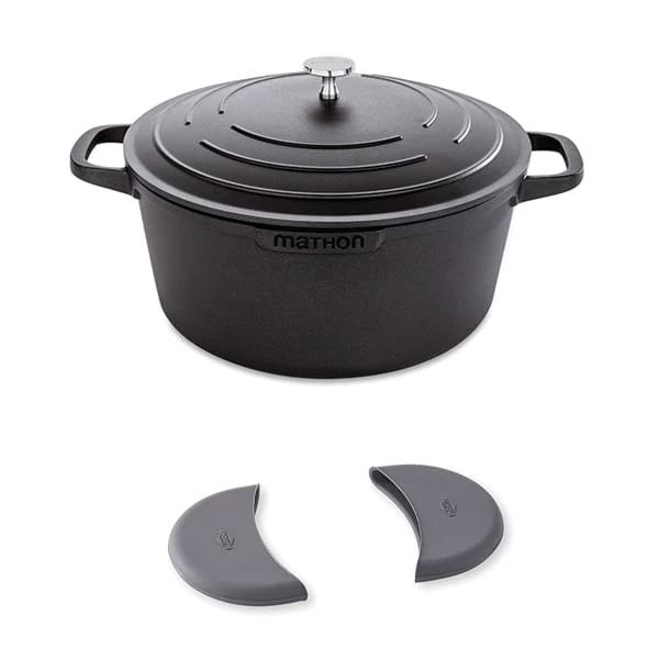 Lot cocotte légère ronde en fonte d'aluminium 28 cm et deux maniques e