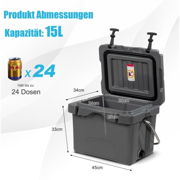 Kjøleboks med 15 liters kapasitet, isboks med håndtak, tappeplugg og 2 koppholdere, grå