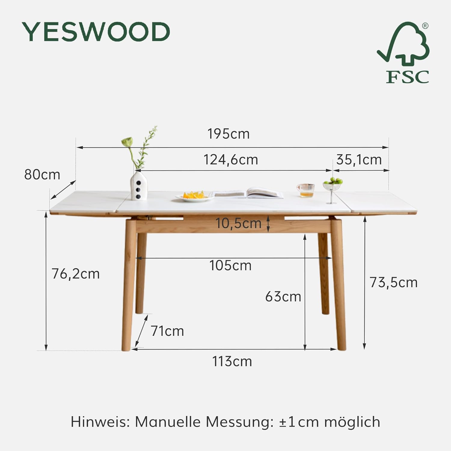 YESWOOD Esstisch ausziehbar aus massivem Gummibaumholz, Esstisch Keramik, 0 Furnier，ausziehbarer Tisch für 2 bis 6 Personen, für Esszimmer und Wohnzimmer (90-150) x 70 x 76 cm, Beige