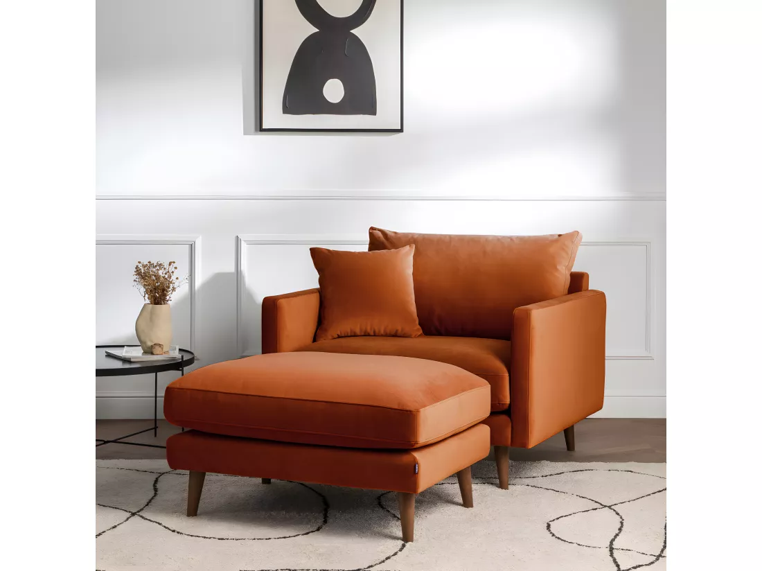 Villabon - Fauteuil XL en velours pieds bois foncé : Couleur - Rouille