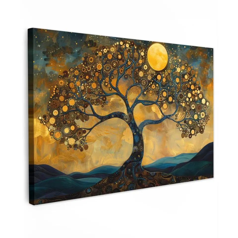 MuchoWow Canvas Schilderij 120x80cm Boom Maan Bloemen Goud