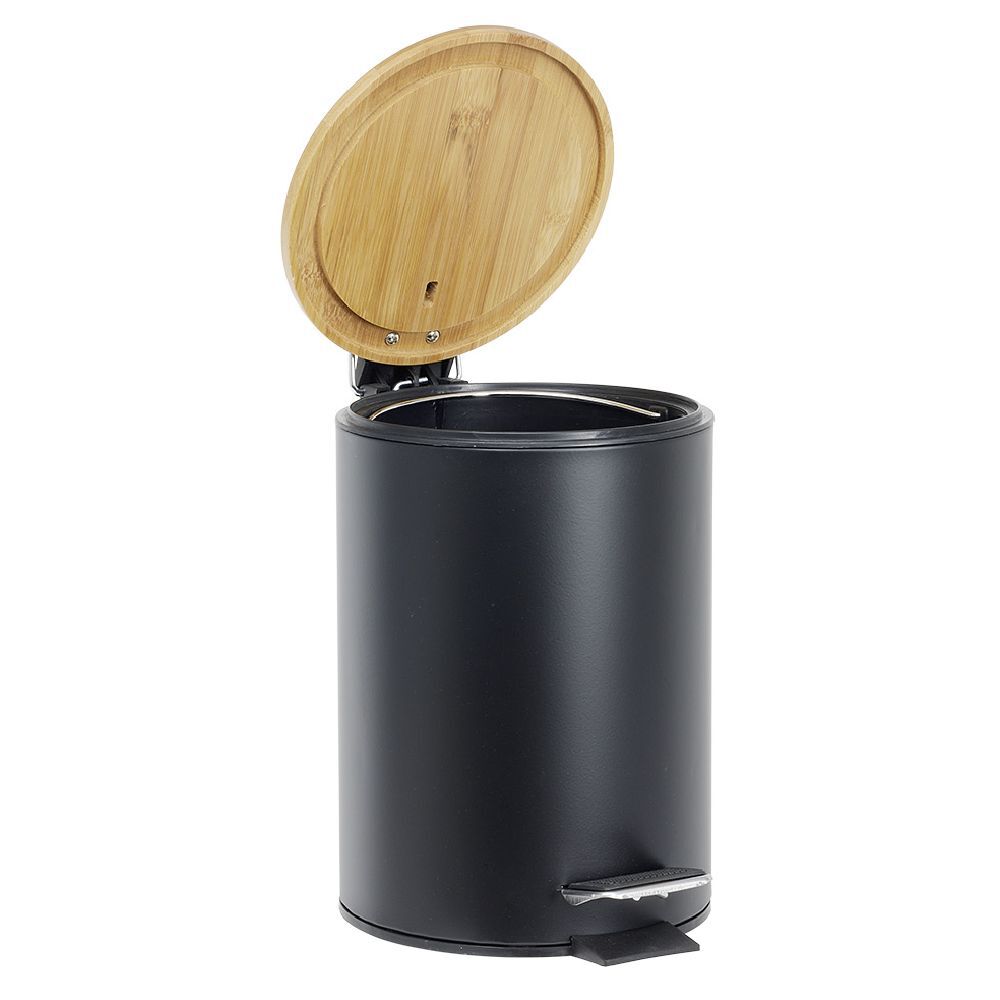 Poubelle salle de bain métal et bambou 3L noir