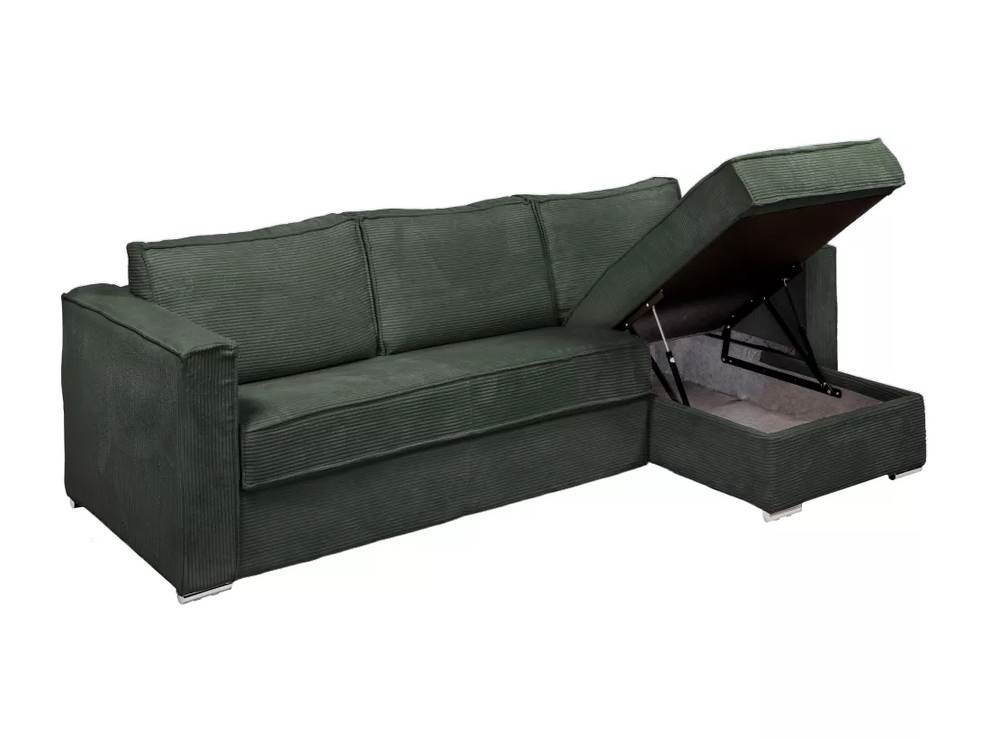 Canapé d'angle convertible express et réversible en velours côtelé vert - Couchage 140 cm - Matelas 14 cm LORETO