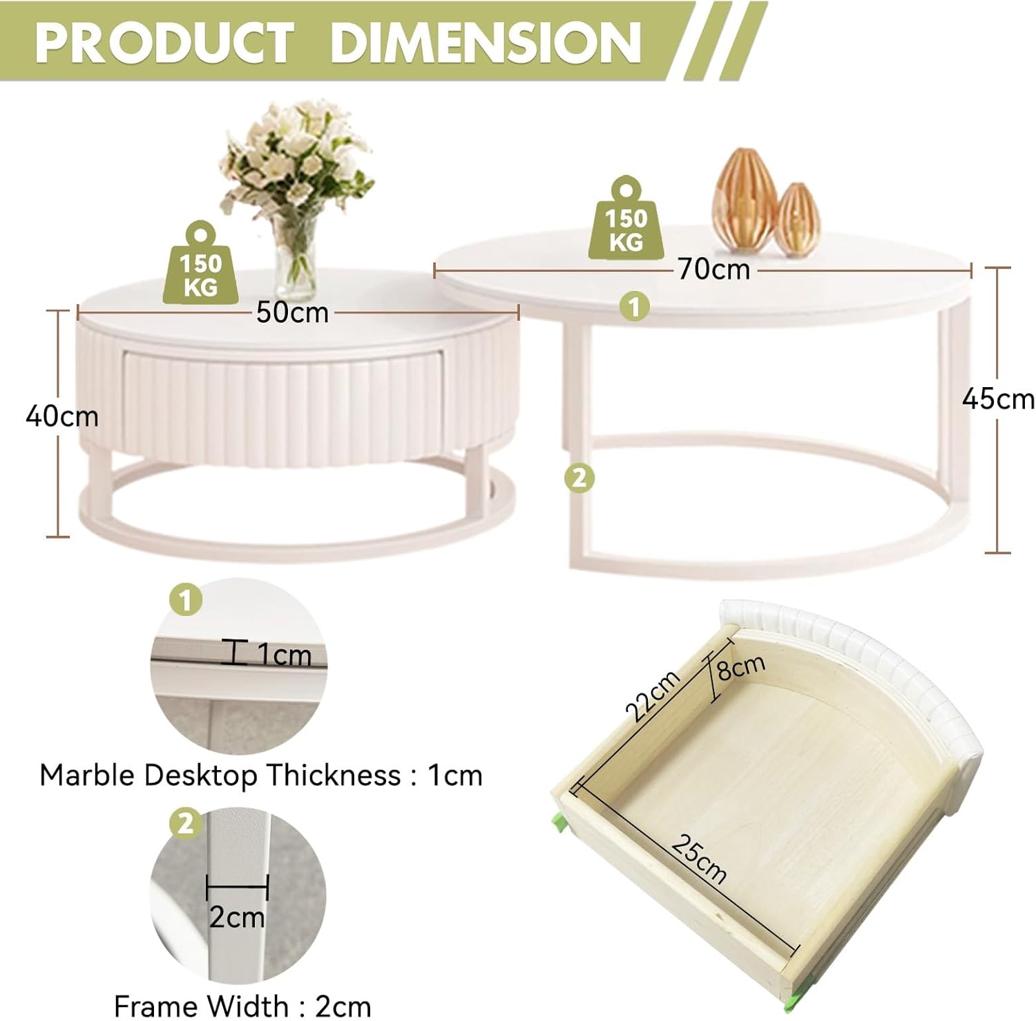 Runder Couchtisch Weiss 2er Set Marmor Couchtisch Rund Mit Stauraum 50+70cm Satztische Fürs Wohnzimmer Modern Couch Tisch Wohnzimmer Weiß Couchtische Holz Schublade Stabiler Metallrahmen