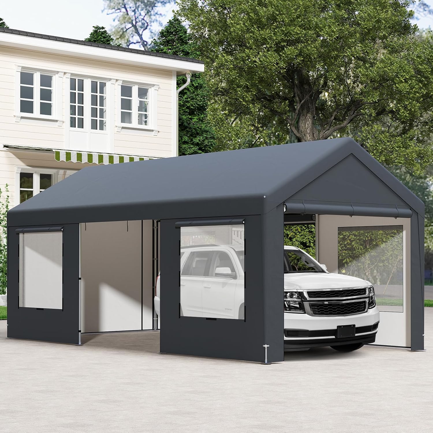 COSTWAY Zeltgarage Carport, 595x300cm, Garagenzelt mit 8 abnehmbaren Seitenwänden, Rolltüren & belüfteten Fenstern, Weidezelt, Lagerzelt, Garage Unterstand, Garagenüberdachung für Auto, SUV, Lkw, Boot