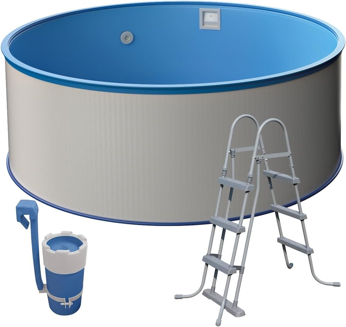 Medipool Schwimmbecken-Set Ø 3,50 x 1,20 m, Rundform, weiße Stahlwand, Blaue Innenhülle, Made in Europe, mit Kartuschenfilteranlage und Sicherheitsleiter