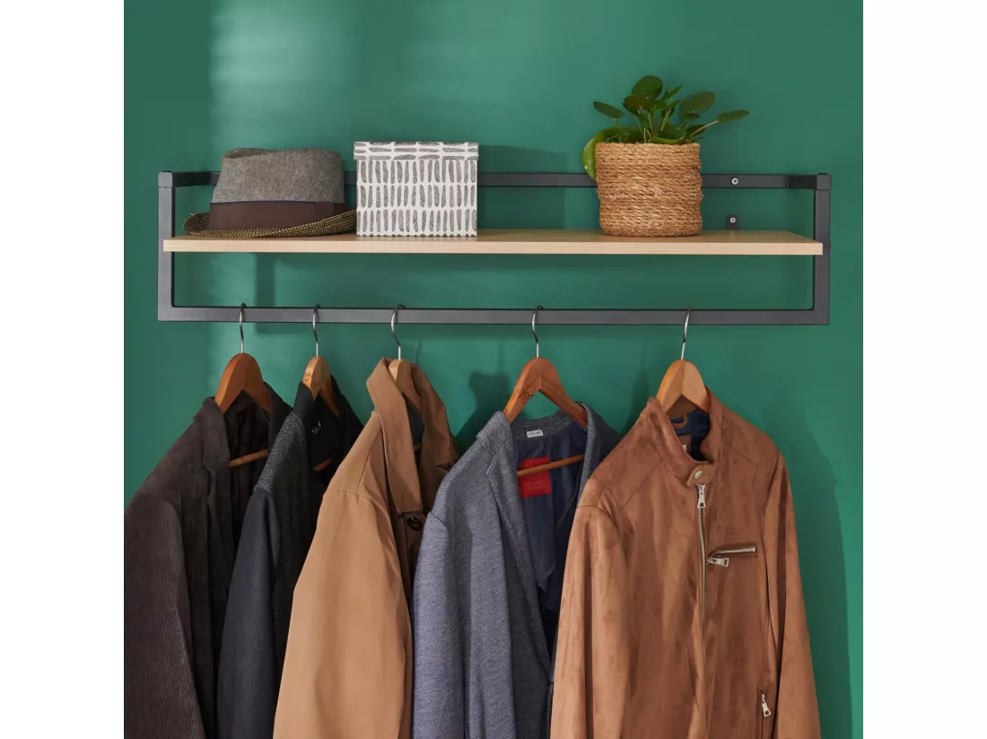 Penderie étagère murale bois et métal noir L90 cm ETAN