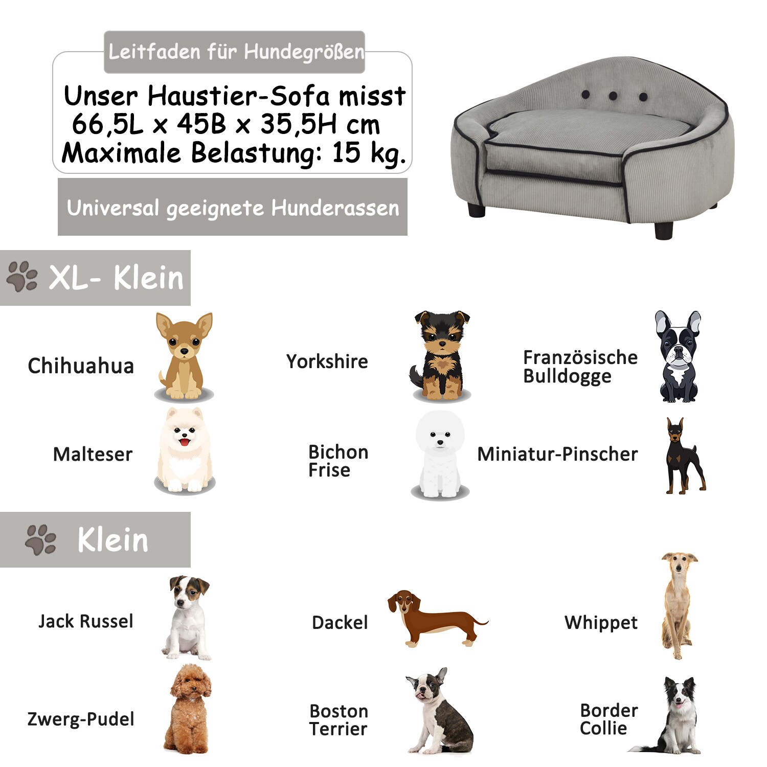 PawHut Hundesofa grau 66,5 x 45 x 35,5 cm (BxTxH)