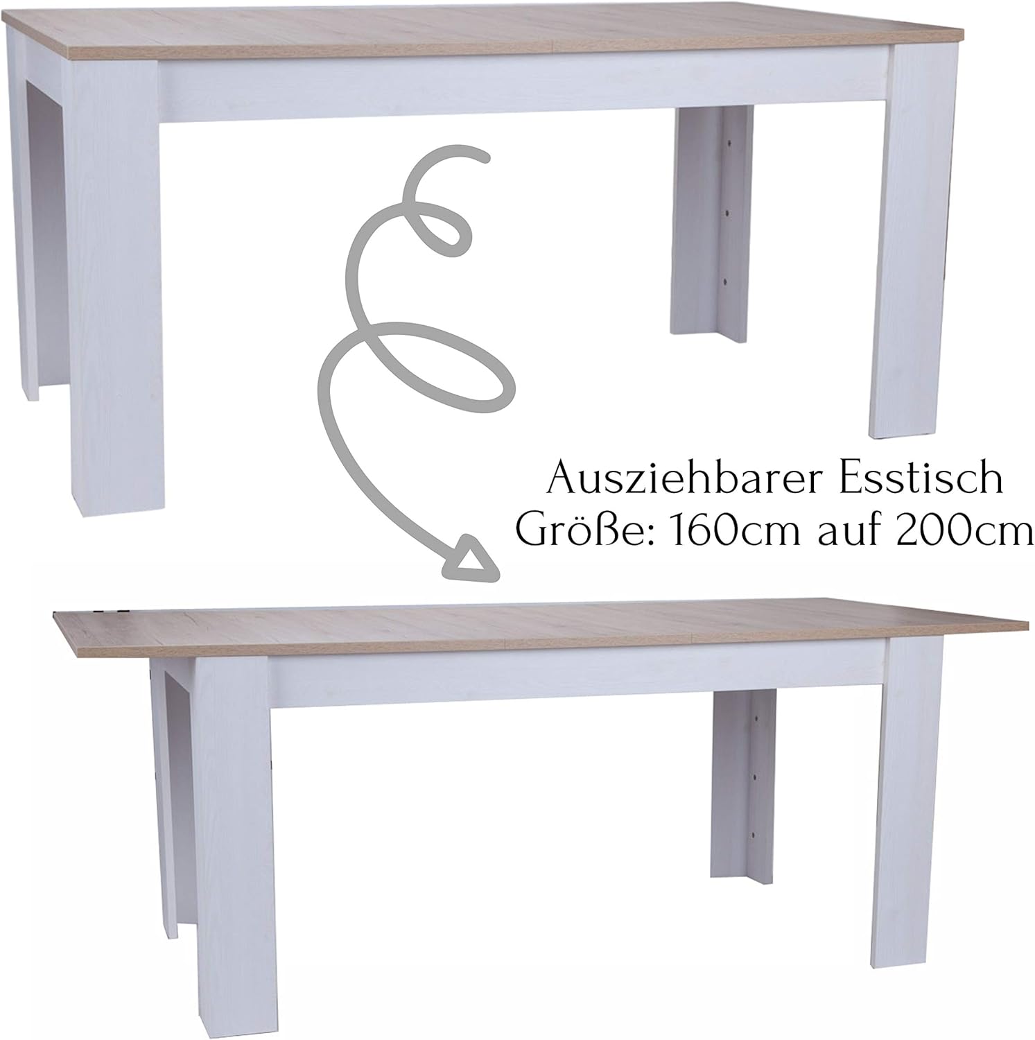 Stella Trading ROMANCE Esstisch in San Remo & Sibiu Lärche Optik - Ausziehbarer Esszimmertisch im Landhausstil für Ihr Wohn- & Esszimmer - 160-200 x 76 x 90 cm (B/H/T)
