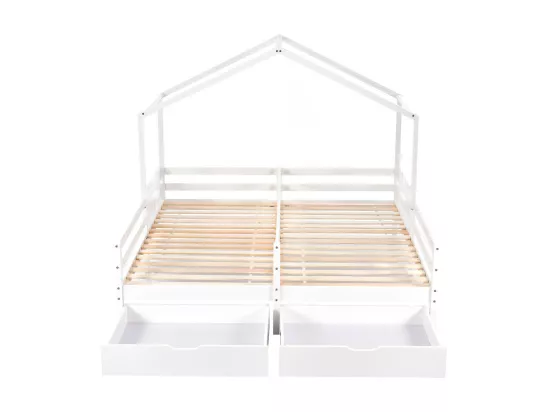 Lit cabane pin massif 2x90x200 cm - avec 2 tiroirs - Blanc