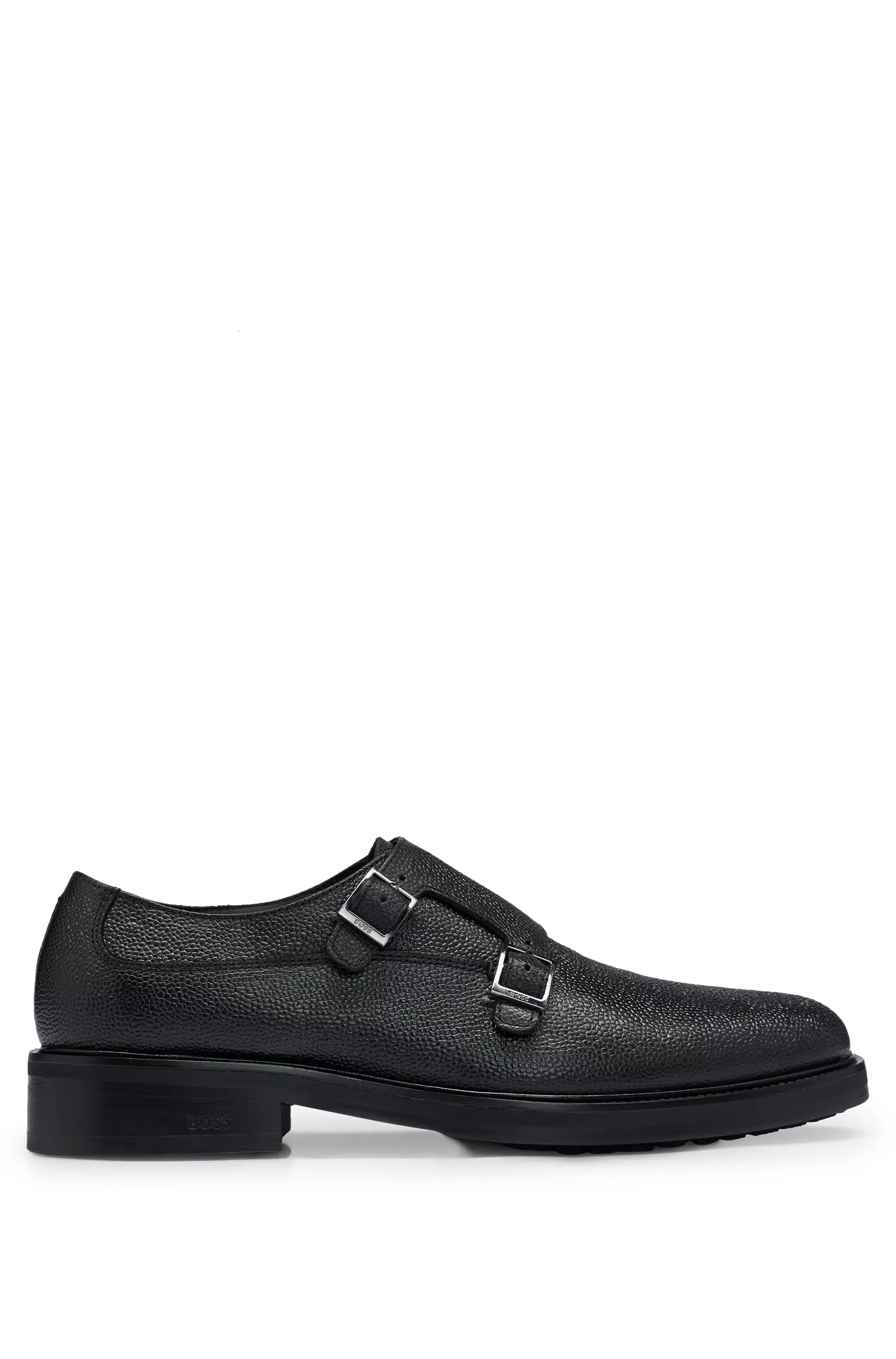 Sapatos BOSS estilo monk em couro granulado preto com tira dupla.