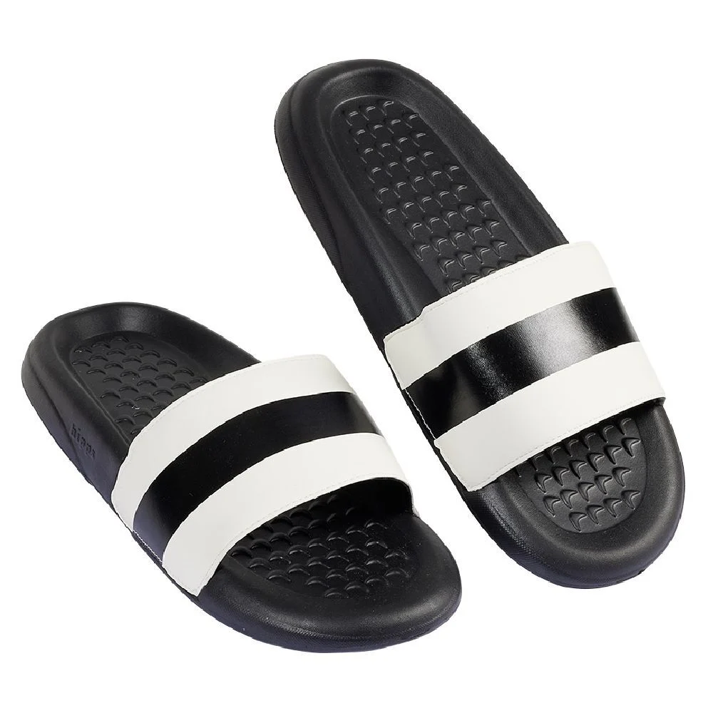 Sandales claquettes plastique noir avec bandes blanches 42/43