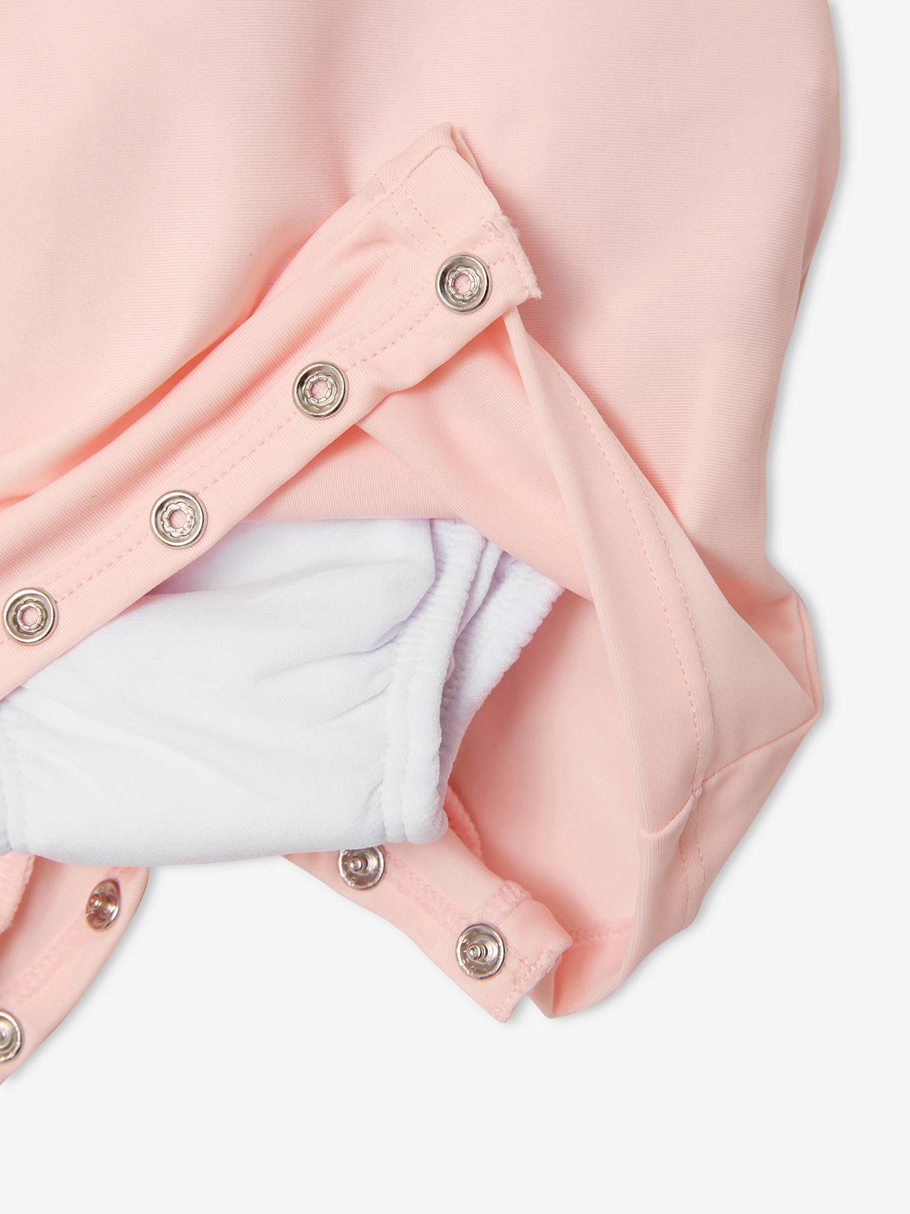 Macacão rosa claro liso, resistente aos raios UV, para bebê menina, com estampas.