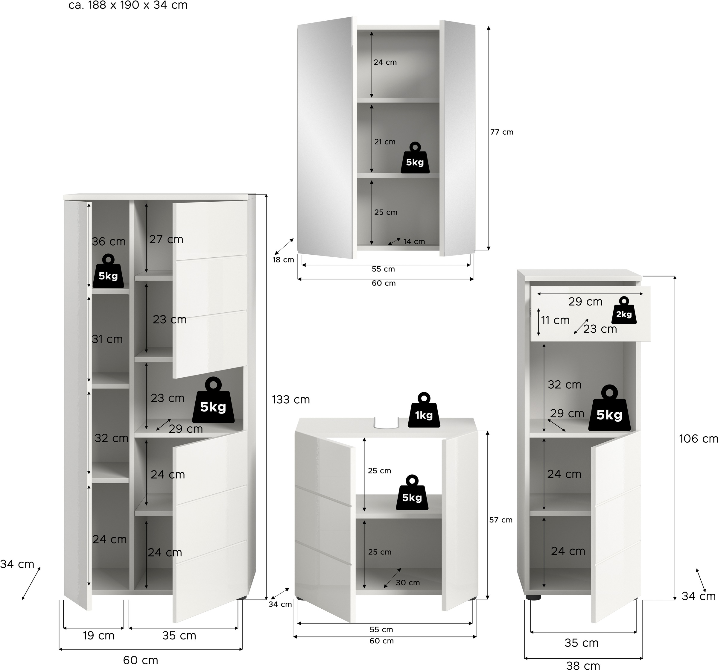 welltime Badmöbel-Set »Biel, Höhe 190 cm, Midischrank, Unterschrank, Spiegel, Standschrank« 4 Stk. tlg.
