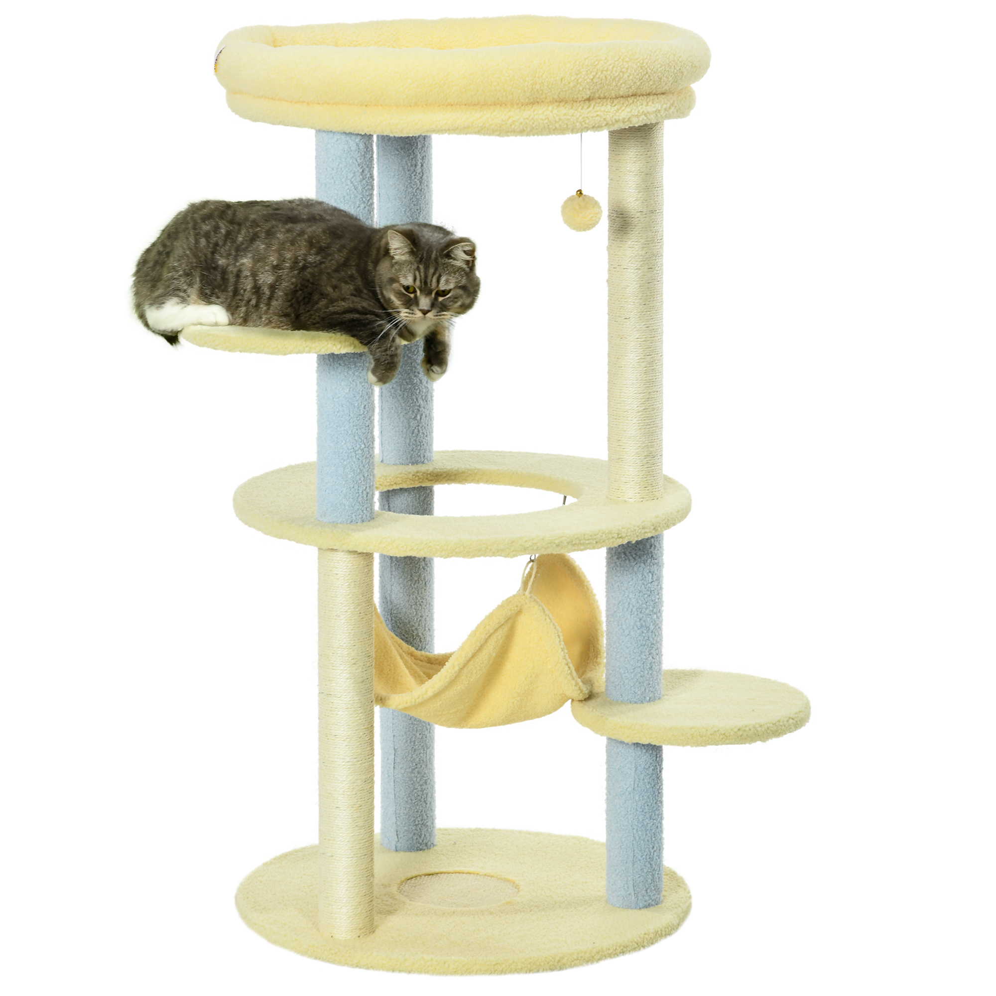 Arranhador PawHut tamanho médio para gatos, 110 cm, torre para gatos, centro de atividades para gatinhos com rede, poste de sisal e bola pendurada, Ø58x110 cm, amarelo e azul.