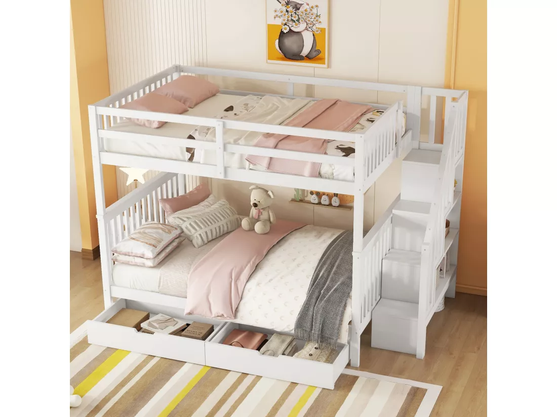 Lits superposés 2 x 140 x 200 cm pour enfant - étagère d'escalier + 2 tiroirs - bois MDF - Blanc