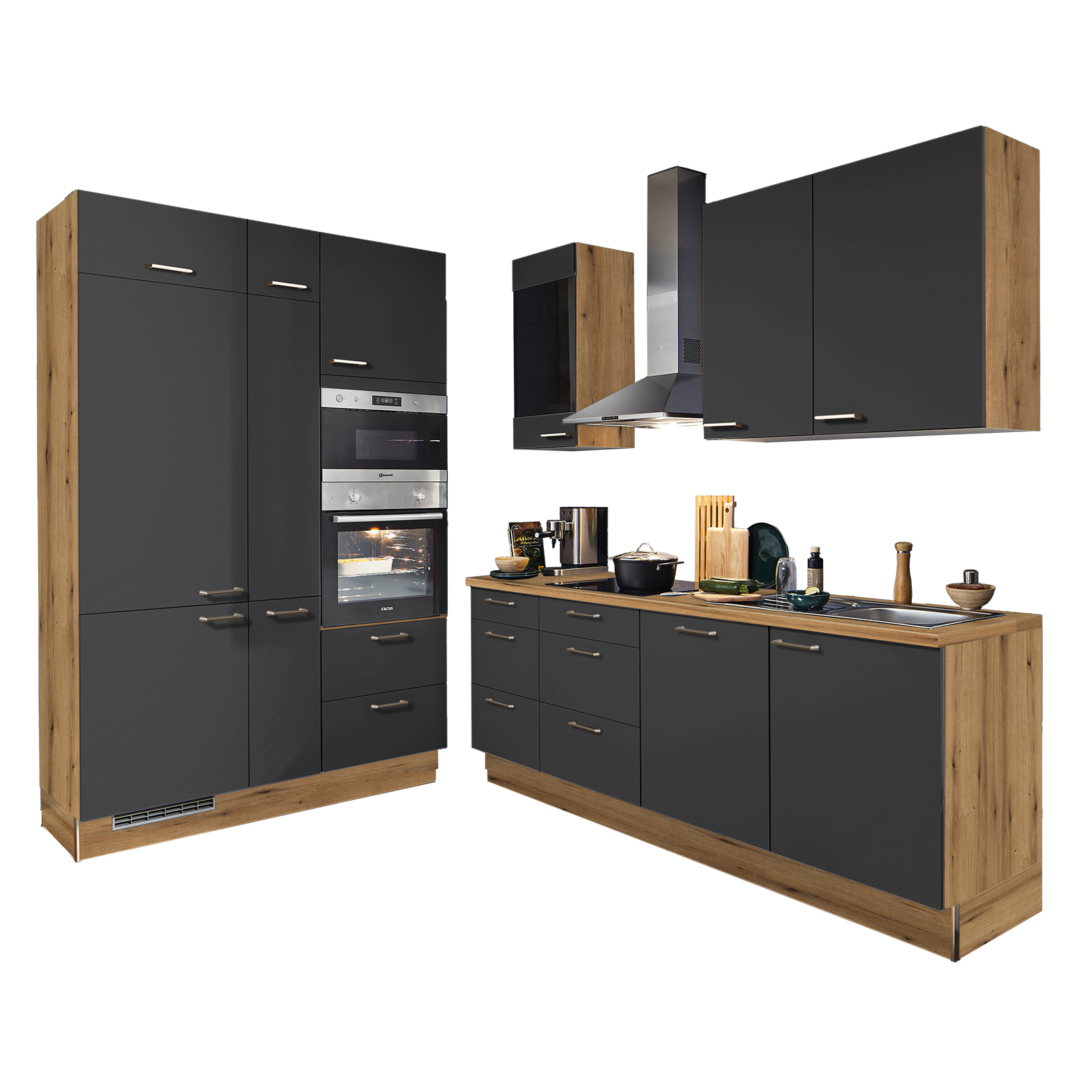 pino Küchenblock PN80 - grafit - Evoke Eiche - mit E-Geräten - Kühlschrank links - 230+150 cm