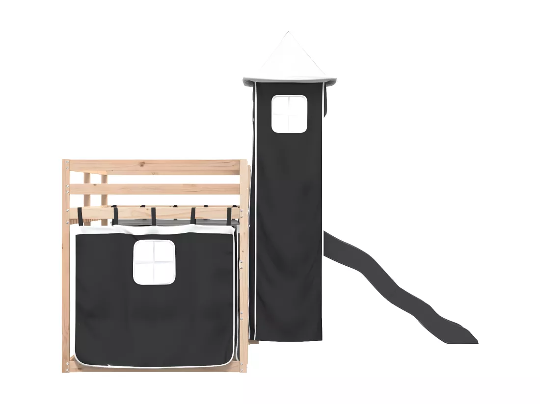 Lit superposé avec toboggan et rideaux blanc et noir 90x200 cm