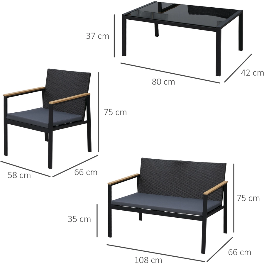 Outsunny Polyrattan Sitzgruppe als 4-teiliges Set schwarz, grau