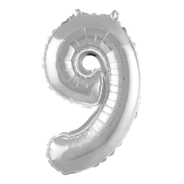 BALLON METAL CHIFFRE 9 H.40CM ARGENT AVEC PAILLE