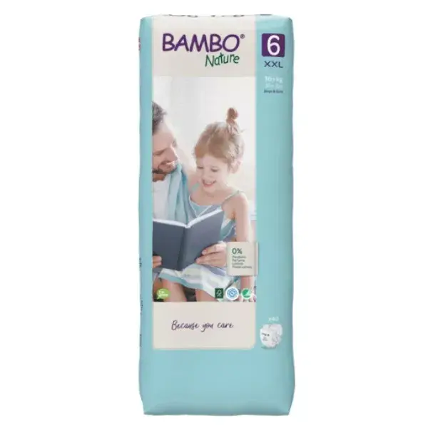 Fraldas Bambo Nature Tamanho 6 para bebês de 16+kg, pacote com 40 unidades.