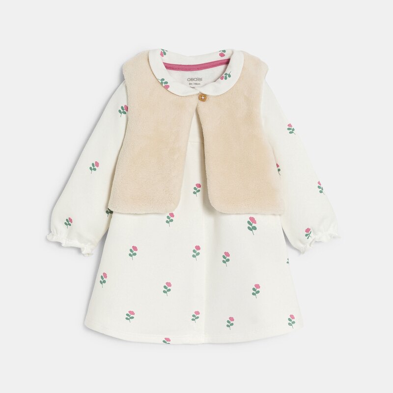 Robe velours roses et gilet sherpa blanc bébé fille Rose